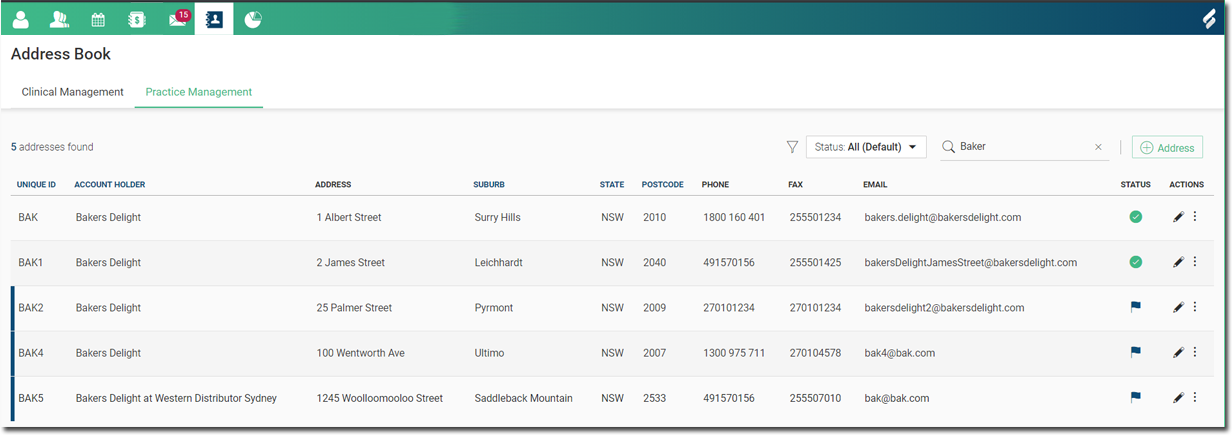 Searching in the Practice Management Address Book