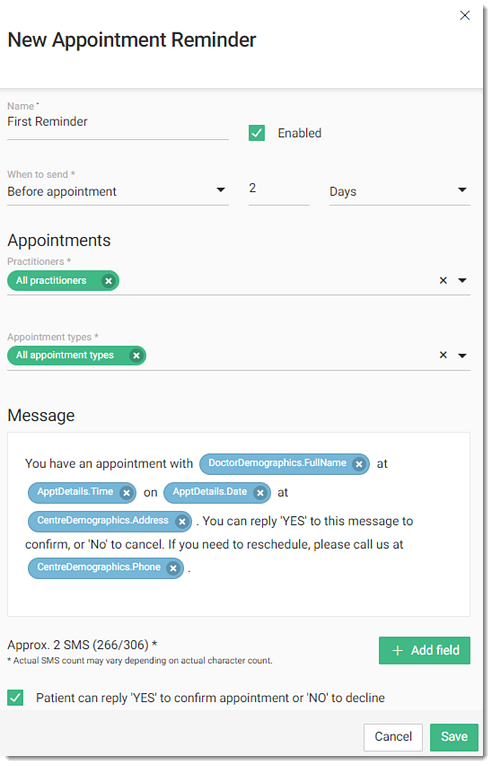 New appointment reminder panel - Before Appointment