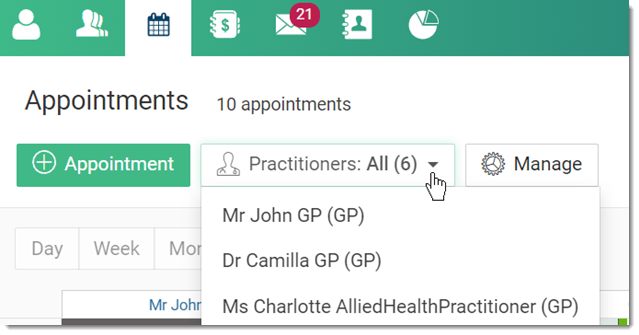 Practitioners list in Appointment book