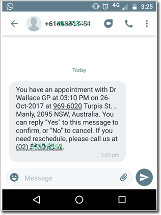 Example SMS notification to patient