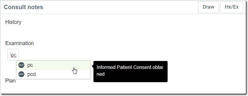 Consult Notes -Abbreviation suggestion list