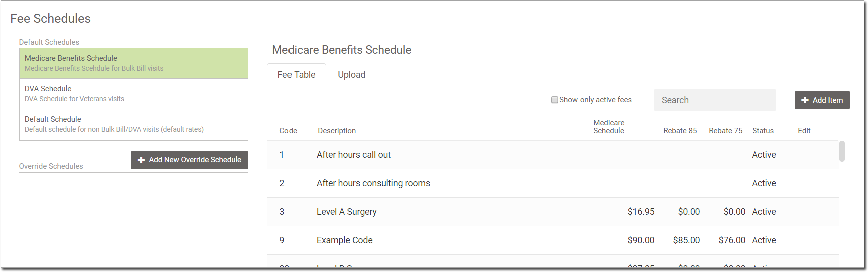 Fee Schedules Window