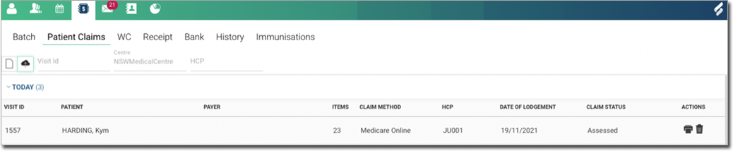 Patient claim tab