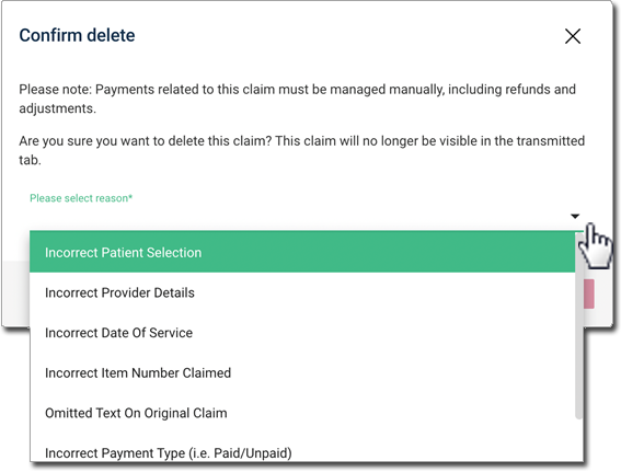 Patient Claim -Delete confirm window