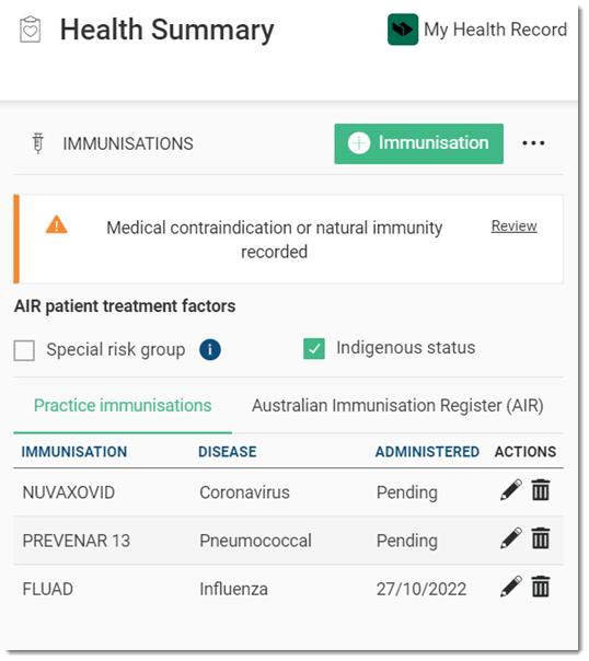 Immunisation Section - Health Summary