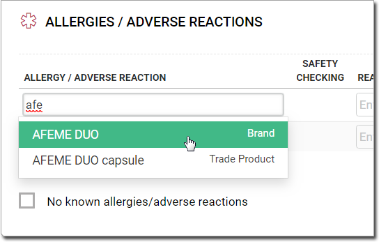 Brand selected in Allergy/Adverse Reaction list