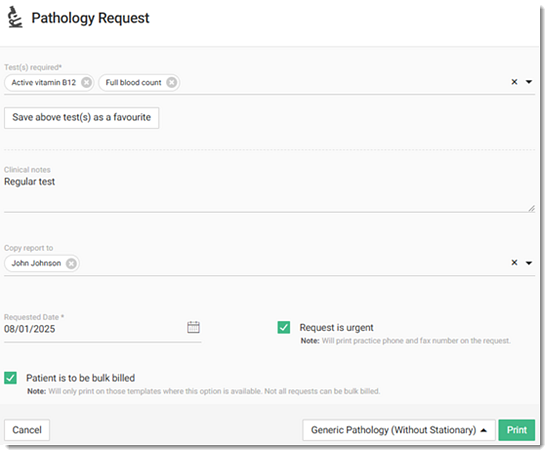 Pathology Request Window