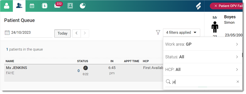 Patient Queue with example search term