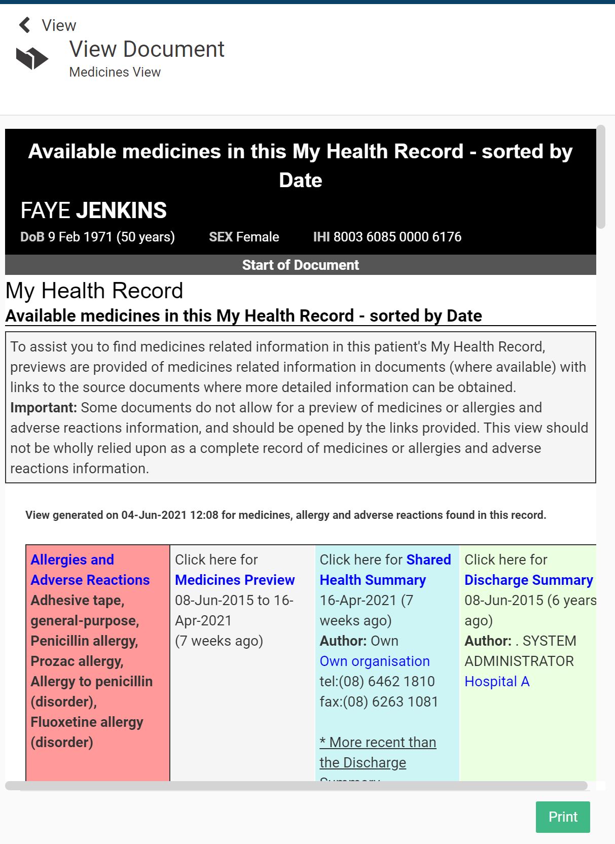 Example preview of a patient's allergies and adverse reactions.