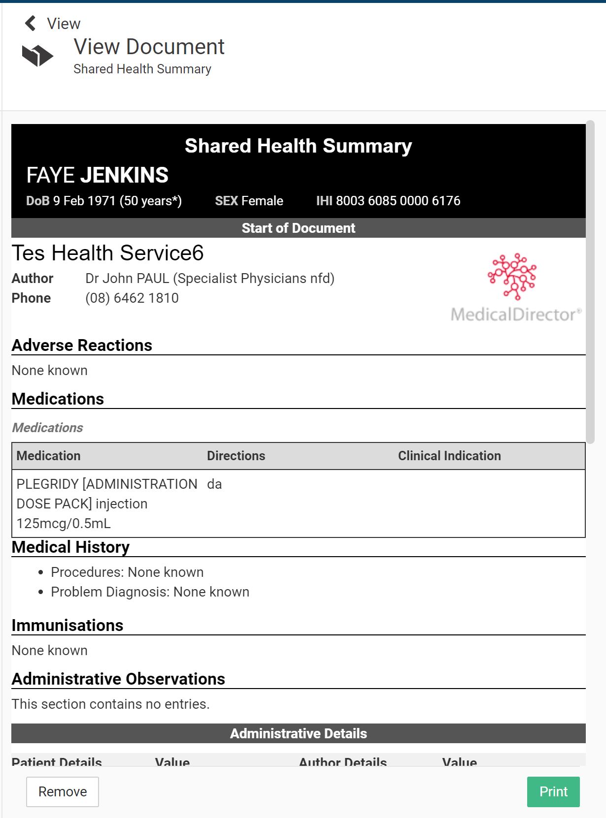 Shared Health Summary example