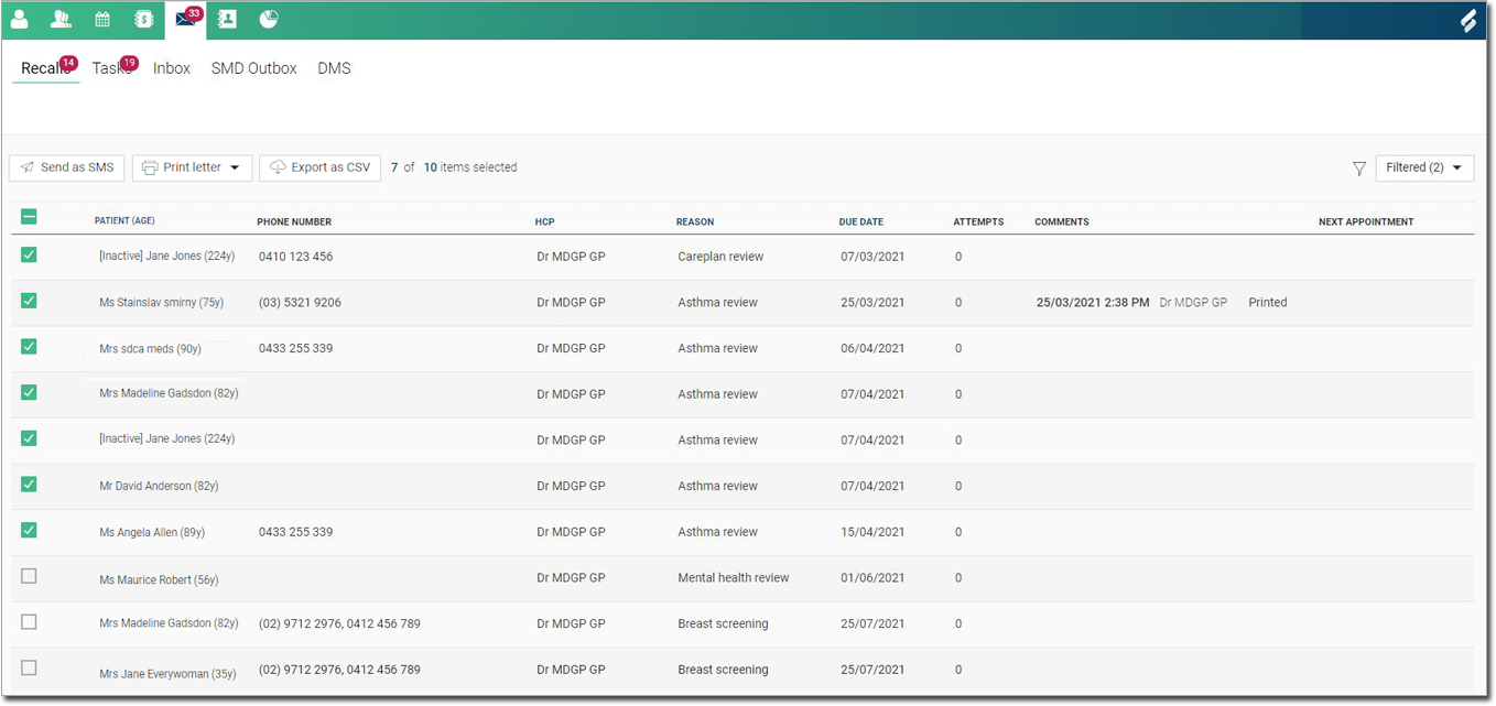 Example Recalls with patients selected