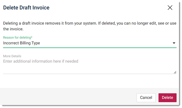 Delete Draft Invoice panel