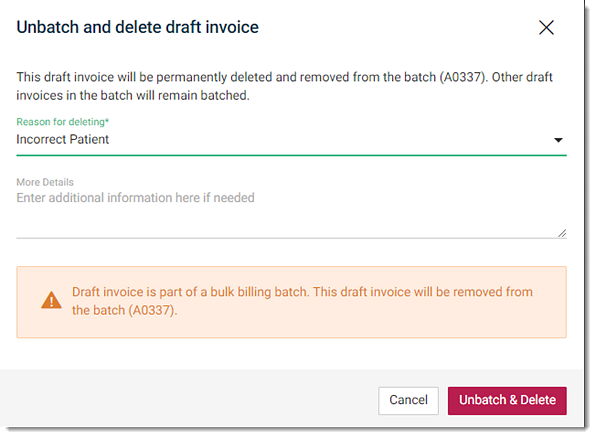 Unbatch and Delete Draft Invoice panel