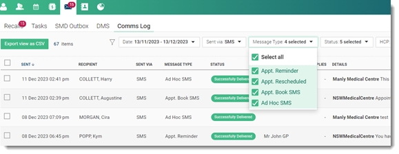 Example SMS messages in the Comms Log