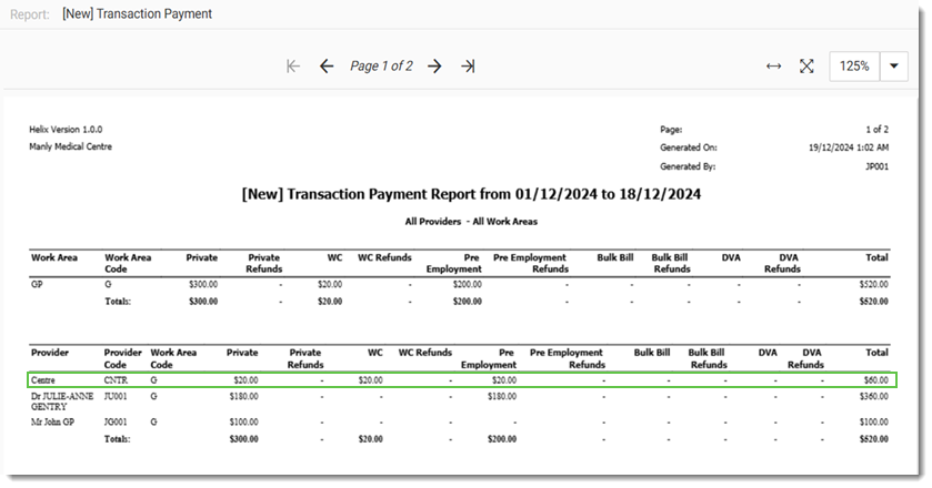 Transaction Payment report example with payments to the Centre highlighted