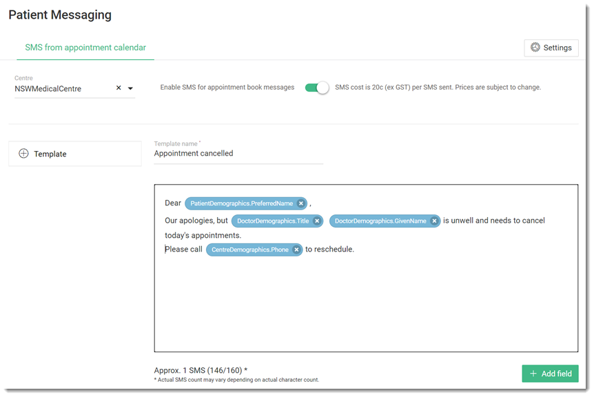 Example SMS appointment message template