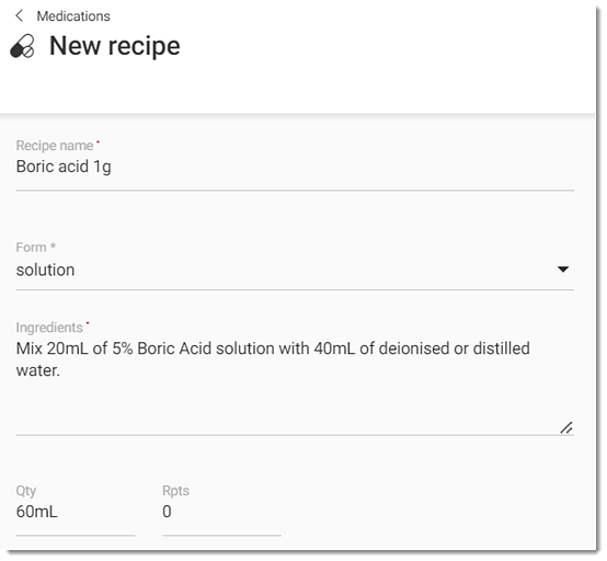 Example new medication recipe window